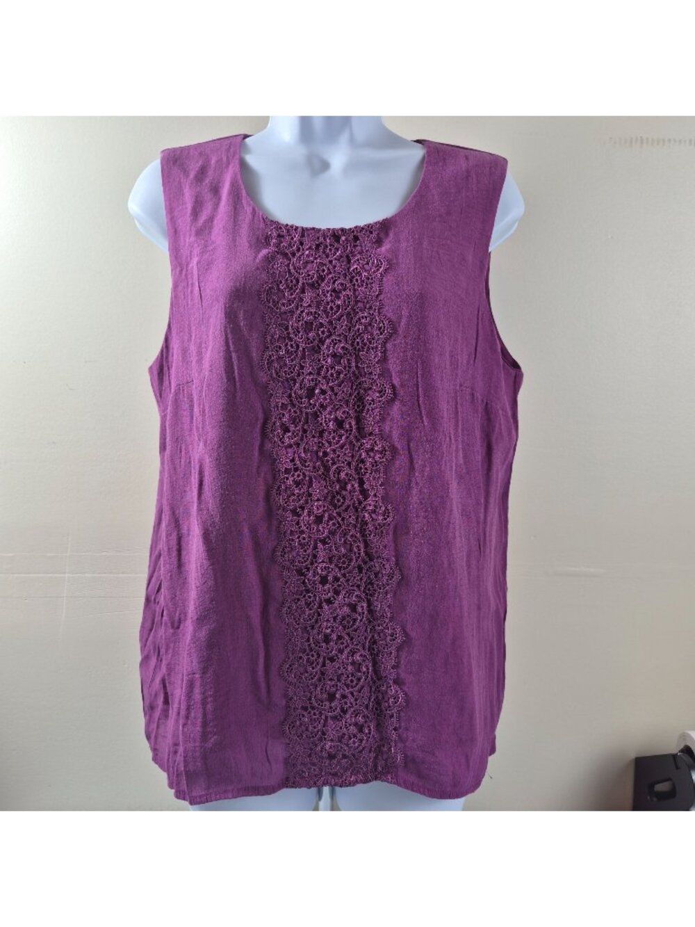 Coldwater Creek Women's L 14 Plumb Purple Sleeveless Tunic Top Crochet Lace
